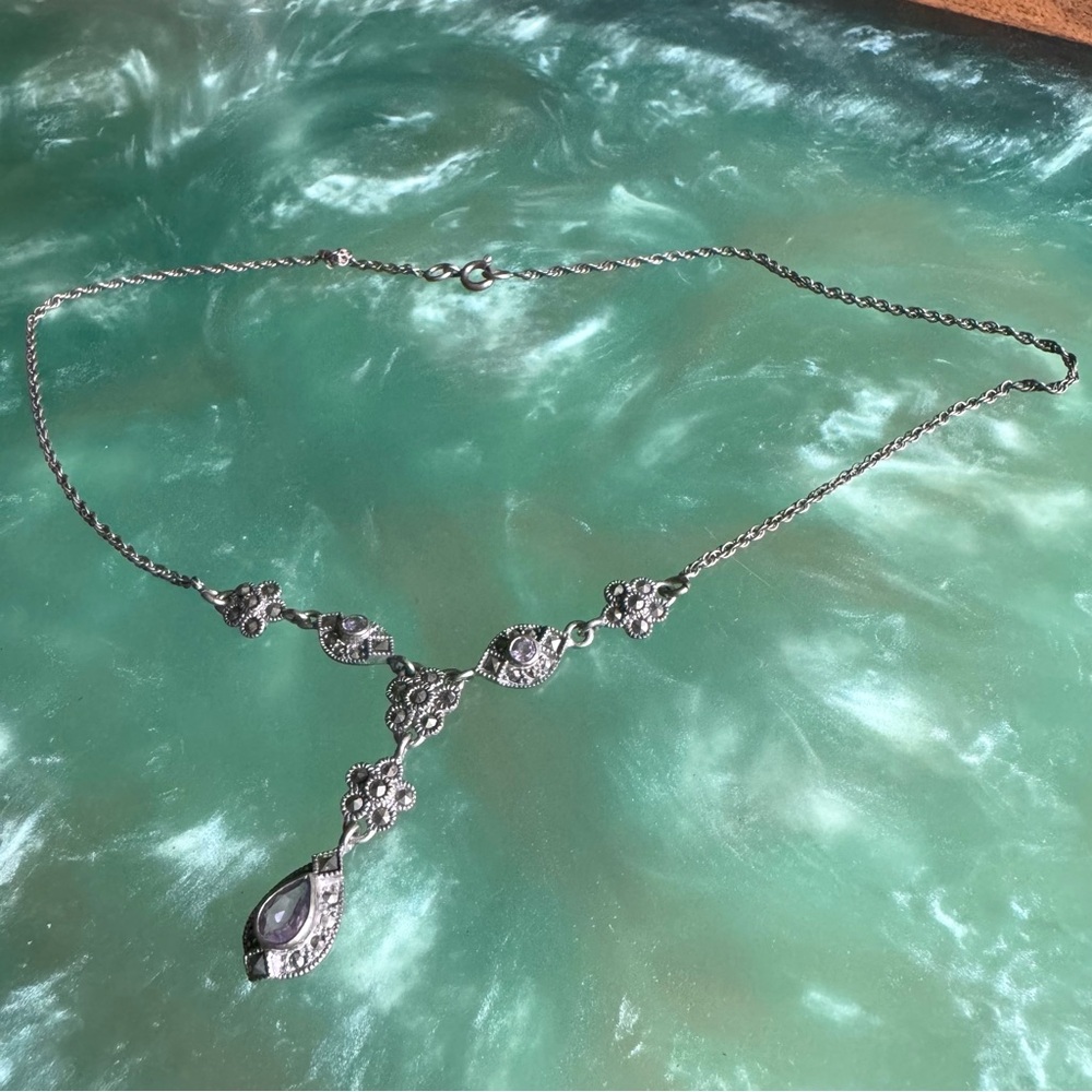 Vintage - Sterling Silver Marcasite Pendant Necklace
